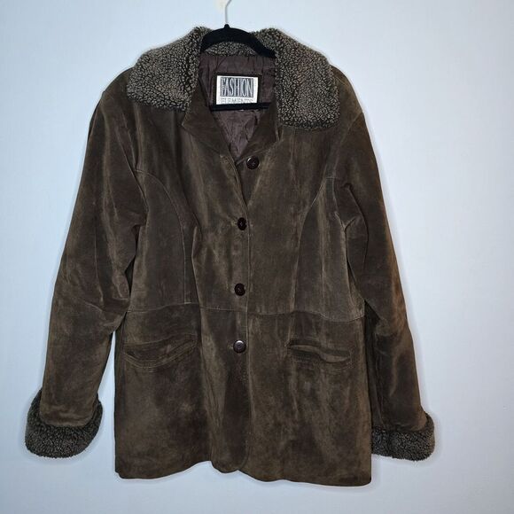 Jackets & Blazers - Fashion Elements Vintage Suede Leather Jacket Button Up Sherpa Trim Brown L